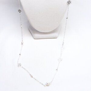 Natalie Wood Desings Silver Tone Adorned Pearl Logo Station Necklace $65 New